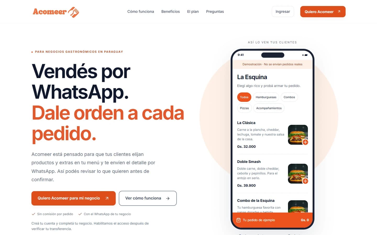 Página de Acomeer, menú online y pedidos por WhatsApp